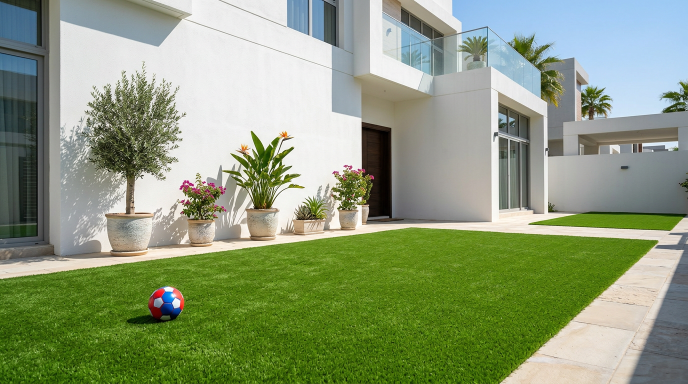 Artificial grass beside a shaded villa garden in Bahrain.